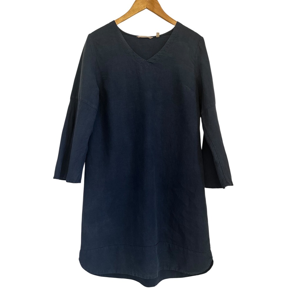 Soft Surroundings Faded Navy Blue 100% Linen V-Neck Bell Sleeve Shift Dress Sz S